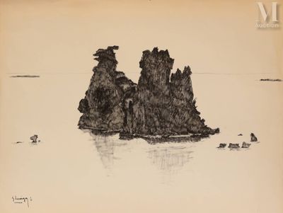 dessin représentant une formation rocheuse au milieu d'un plan d'eau