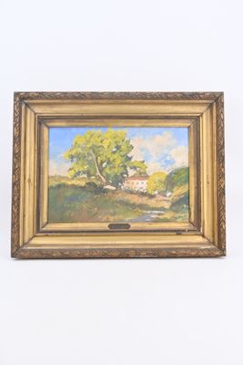 une peinture à l'huile représentant un arbre et une maison dans un champ