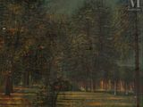 a painting of a man riding a horse in a park