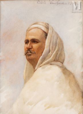 portrait of a man in a white shawl with a mustache and moustache