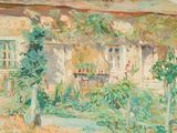 une peinture à l'huile représentant une maison avec un jardin devant elle