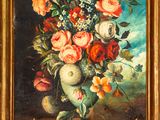 painting of a vase of flowers on a table with a sky in the background