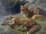 painting of two foxes resting on the ground next to a tree