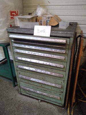 une vieille armoire à outils sur laquelle est posée une pancarte