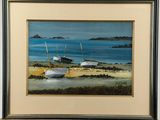 a painting of boats on the shore of a beach