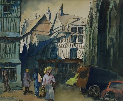 un tableau représentant des personnes marchant dans une rue d'une ville