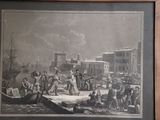 painting of a group of people standing on a dock next to a boat