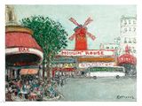 an oil painting of a street scene with a windmill in the background