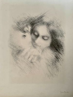 an image of a drawing of a woman holding a cat