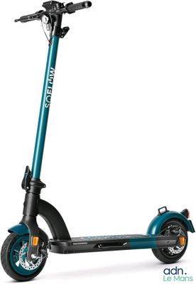 an electric scooter with a blue seat and wheels on a white background