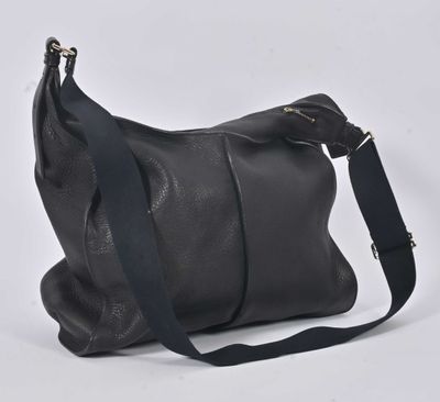 a black leather bag with a strap and a shoulder strap