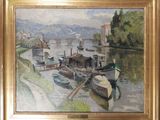 un tableau représentant un homme debout à côté d'un bateau sur l'eau