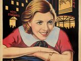 une vieille affiche de cinéma représentant une femme souriante en robe rouge