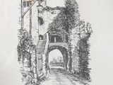 drawing of an old building with a clock tower in the background