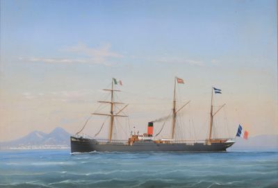 tableau représentant un bateau en mer, avec une montagne en arrière-plan