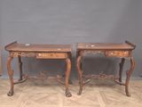 pair of antique carved wood side tables with drawers and drawers