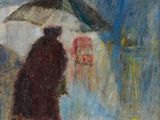 tableau représentant une femme marchant sous la pluie avec un parapluie