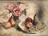 a painting of fruit and flowers on a table