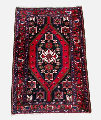a red and blue rug on a white background