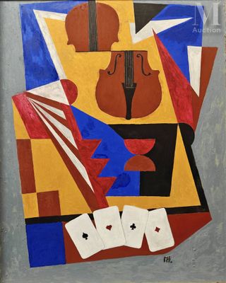 an image of a painting of a violin and playing cards