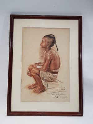 tableau représentant un jeune garçon assis sur un tabouret, les jambes croisées