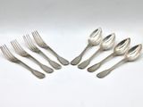 a set of six silverplated flatware forks and spoons