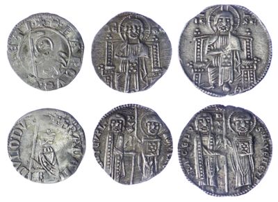 six ancient silver coins with images of people and animals on them