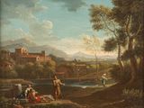 painting of a landscape with figures and a river in the foreground