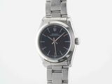 an image of a wrist watch with a black dial on a silver bracelet