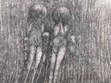 pencil drawing of a group of people holding umbrellas in the rain
