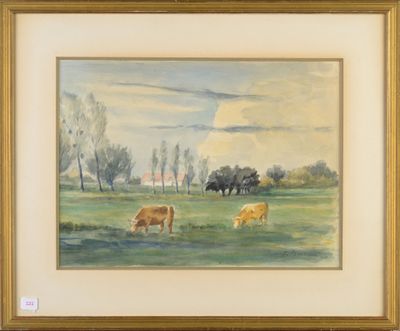 un tableau représentant des vaches paissant dans un champ, avec des arbres en arrière-plan