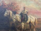 painting of two men riding horses in a field with a tree in the background