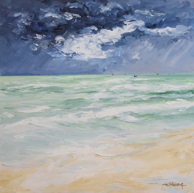 an oil painting of a beach scene with dark clouds above the ocean