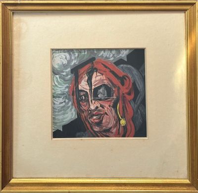 an image of a painting of a man with a red head scarf