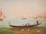 a painting of a gondola on the water with people in it