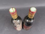 two bottles of wine sitting next to each other on a table