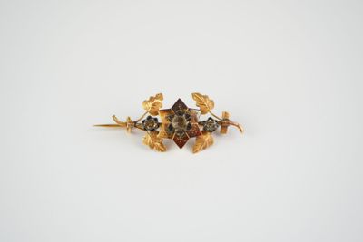 a close up of a gold broochle with leaves on it