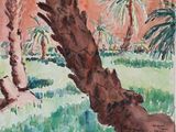une aquarelle représentant un palmier dans un parc