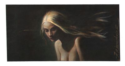 une peinture à l'huile représentant une femme dont les cheveux flottent au vent