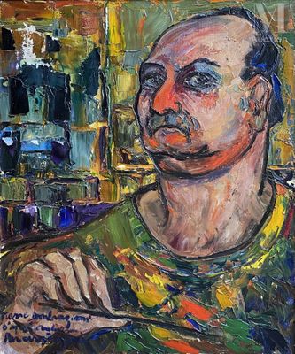 une peinture à l'huile représentant un homme en chemise verte assis devant un miroir
