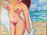 une peinture à l'huile représentant une femme nue sur une plage, avec un voilier en arrière-plan