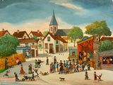 un tableau représentant une scène de rue avec des personnes et des animaux