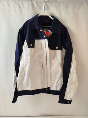navy and white jacket hanging on a white curtain