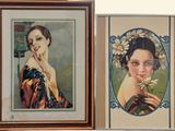 two framed pictures of a woman with a flower in her hand and a lady with a flower in her hand
