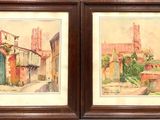 une paire d'aquarelles représentant une scène de rue avec une église en arrière-plan