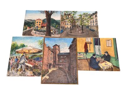 quatre tableaux représentant des personnes assises à une table devant un bâtiment