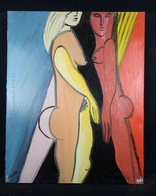 tableau représentant deux femmes debout l'une à côté de l'autre devant un rideau