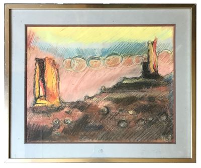 dessin représentant un tableau représentant une scène désertique avec une tour au loin