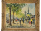 an oil painting of people walking down a street with a church in the background