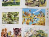 four watercolor paintings of a park with trees and a pond